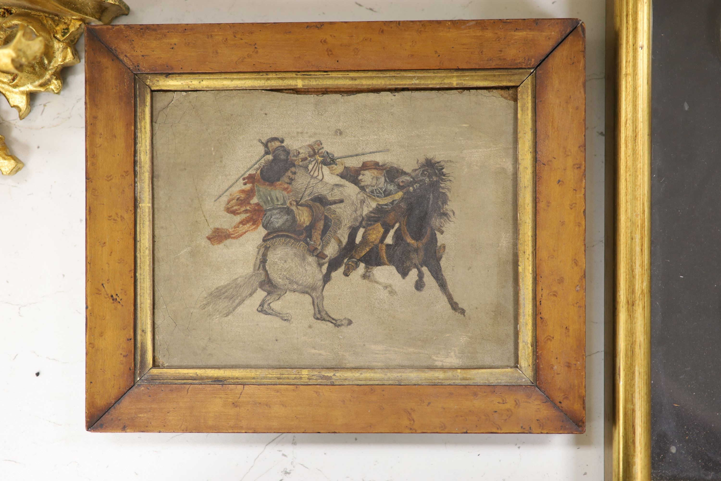 19th century, oil on millboard, Mounted figures duelling, 15 x 19cm.